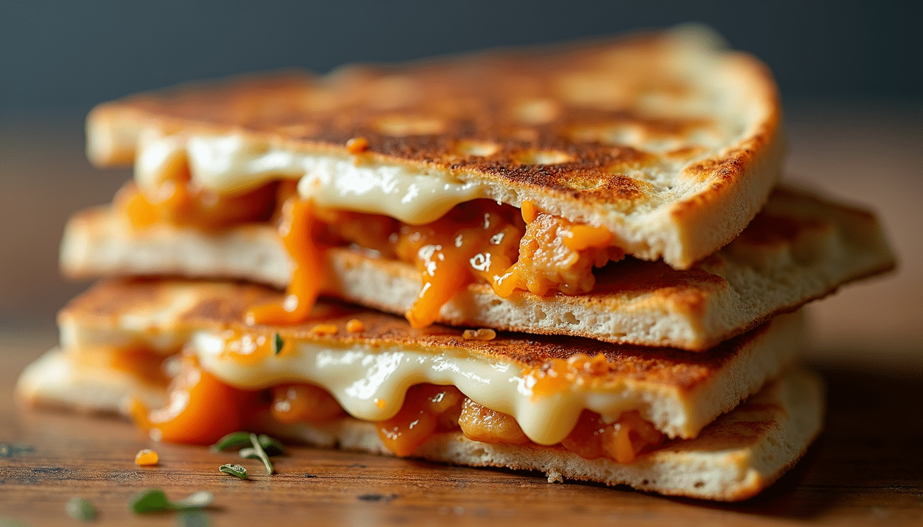 Close-up of melted mozzarella, kimchi, and chicken inside Jamie Oliver Kimchi Garlic Chicken Quesadillas with Avocado Cream Recipe.