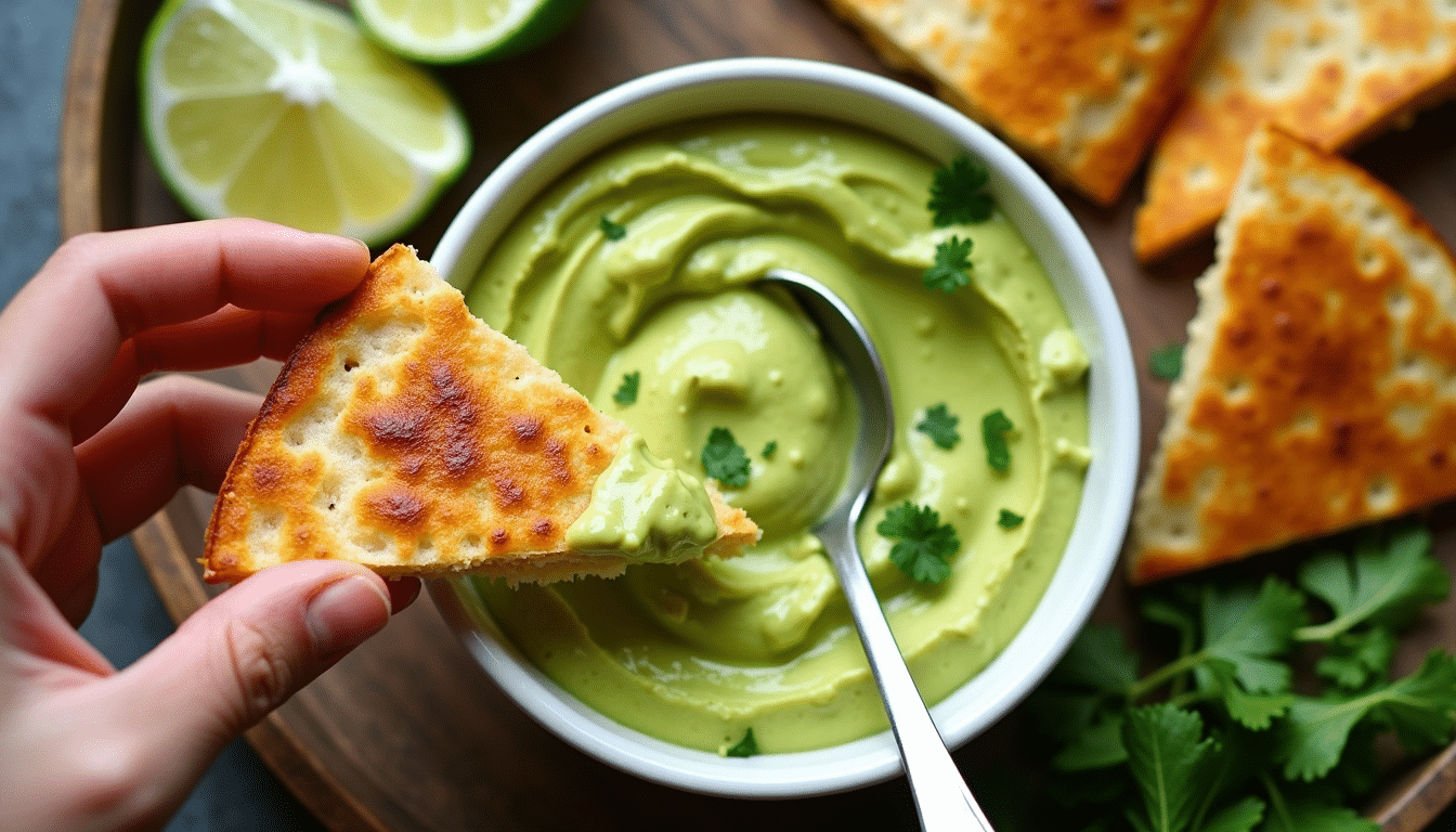 A crispy quesadilla wedge dipped into avocado cream – Jamie Oliver Kimchi Garlic Chicken Quesadillas with Avocado Cream Recipe.