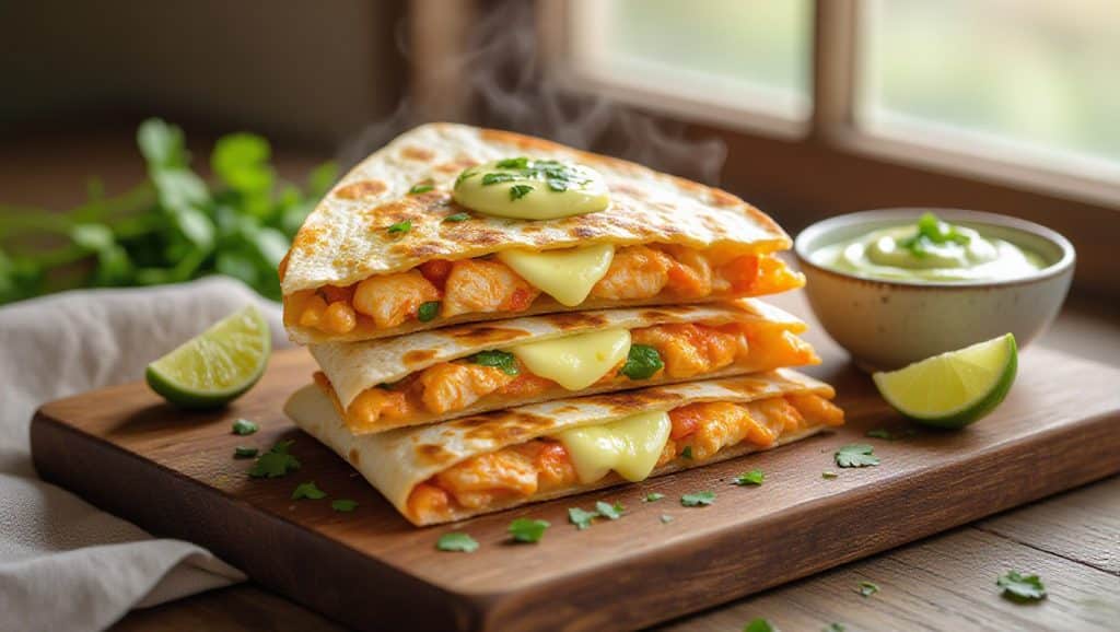 Crispy kimchi garlic chicken quesadillas with avocado cream served on a wooden board – Jamie Oliver Kimchi Garlic Chicken Quesadillas with Avocado Cream Recipe.