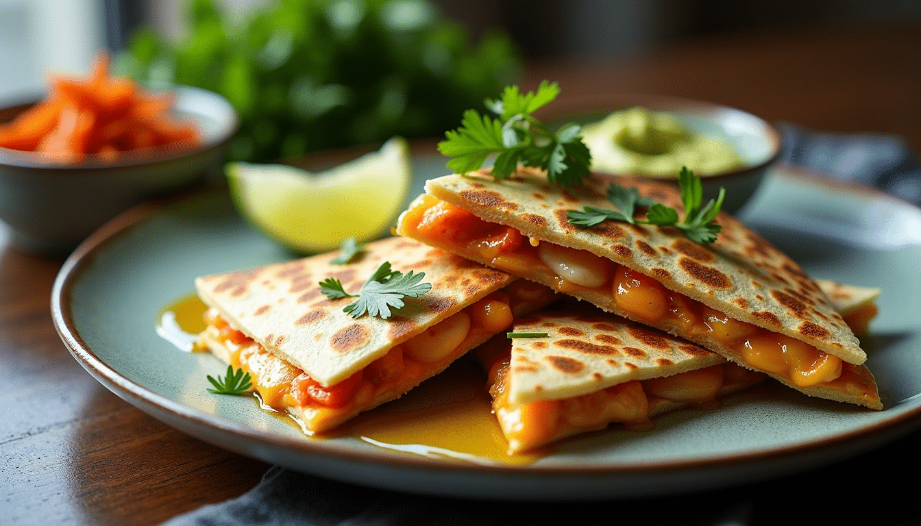 Plated serving of Jamie Oliver Kimchi Garlic Chicken Quesadillas with Avocado Cream, lime wedges, and fresh herbs.