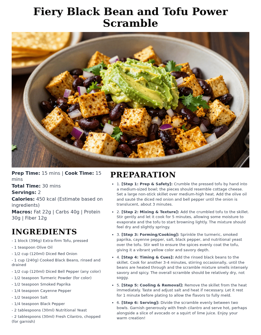 Fiery black bean and tofu power scramble high protein vegetarian breakfast