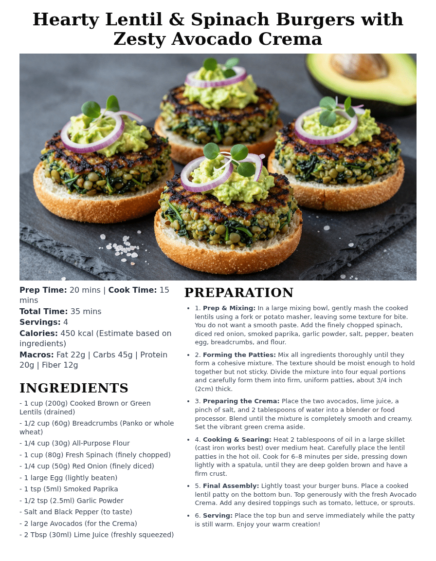 Lentil and spinach burgers with avocado cream high protein vegetarian
