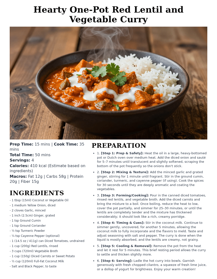 Hearty one pan red lentil and vegetable curry vegetarian meal