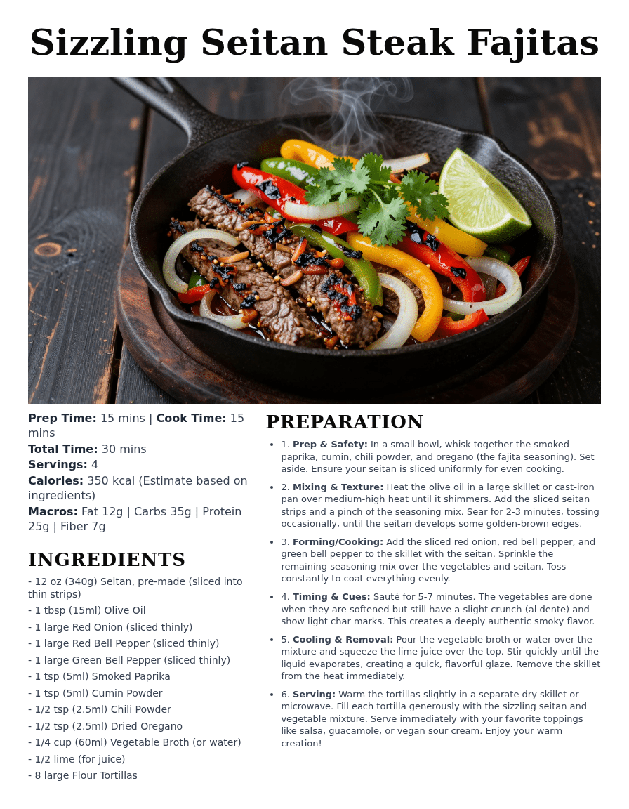 Sizzling seitan steak fajitas high protein vegetarian dinner