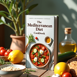 The Mediterranean Diet Cookbook cover featuring fresh Mediterranean ingredients and olive oil
