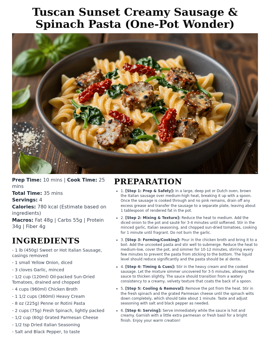 Tuscan creamy sausage and spinach pasta cooked as a one pot meal